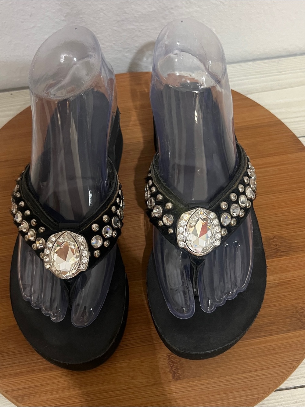 Cowgirl Jewels Black Rhinestone Bling Wedge Flip Flop Sandals Western Y2K Size 6